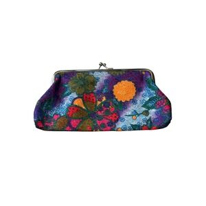 Vintage Style Floral Brocade Kiss Lock Clutch Purse Multicolor Silver Frame